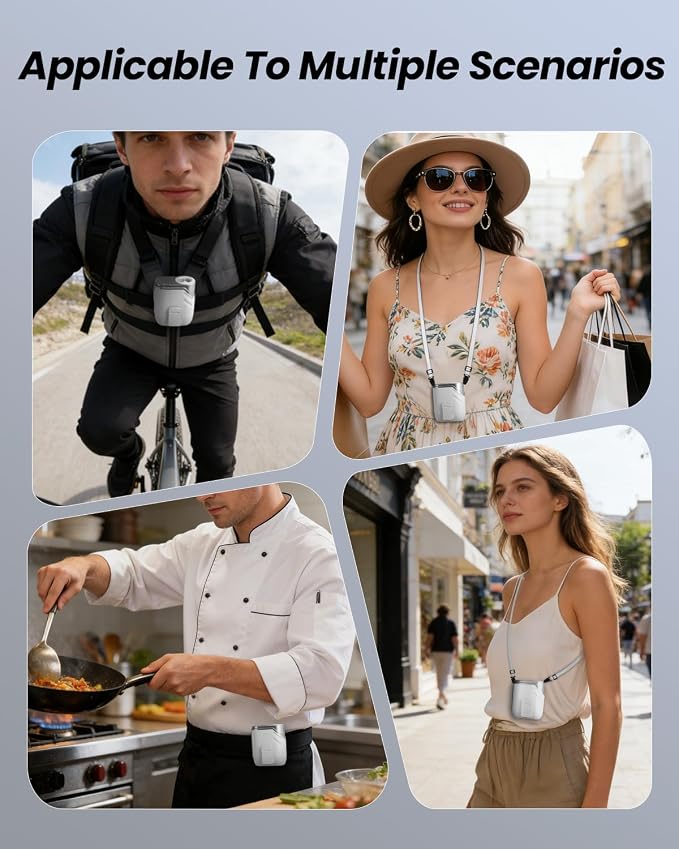 SWEETFULL Portable Fan Rechargeable - 5-oz Mini Hands-Free Personal Fans for Neck Waist, 100 Speed Turbo Airflow, Wearable Clip on Shirt Belt Fan for Body with LED Light, Travel Work Outdoor (White)