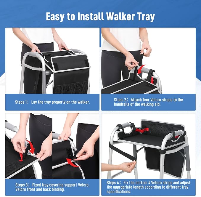 JFMkaer Walker Tray with Cup Holder – Folding Walker with Pockets & Non Slip Mat for Food,Mobility Trays Fits Most Standard Folding Walkers,Walker Accessories for Elderly