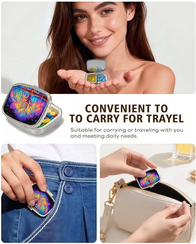 LRITER Pill Case, 2 Compartment Portable Small Travel Pill Organizer for Purse and Pocket, Stylish Medicine Case with Multiple Patterns, Daily Pillbox for Home & Travel (Dream Tree)