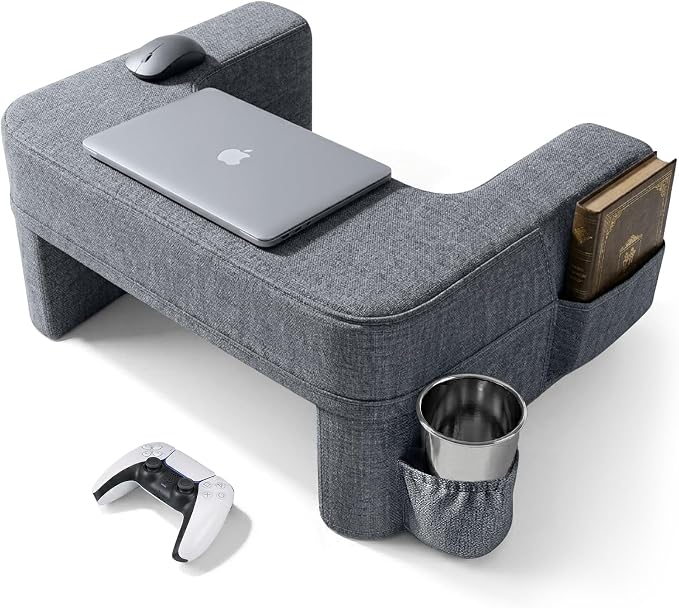 Septsun 26" Extra Wide Lap Desk Pillow, Laptop Desk for Couch and Bed | Modern Gray Large Soft Foam Workstation with Ergonomic Armrest Elbow Relief; Mouse-ready Fabric, Cup Holder, Sofa Gaming
