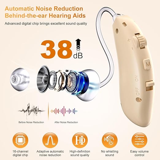 Hearing Aids, Hearing Aids for Seniors and Adultos - Hearing Aid Rechargeable for Hearing Loss,16-Channel Digital OTC Hearing Aid with Noise Cancellation, Volume Control and Portable Charging Case