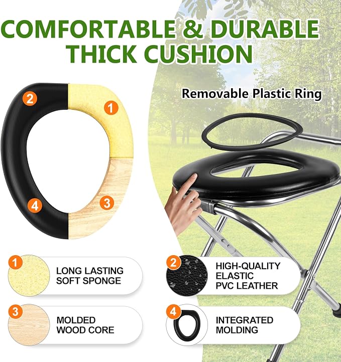 BLIKA Portable Toilet for Camping, 350LBS Stainless Steel Foldable Camp Travel Toilet with Soft Seat for Adults, 16.5-Inch Portable Toilet for Truckers, Camping, RV Travel, Road Trips, Outdoor Use