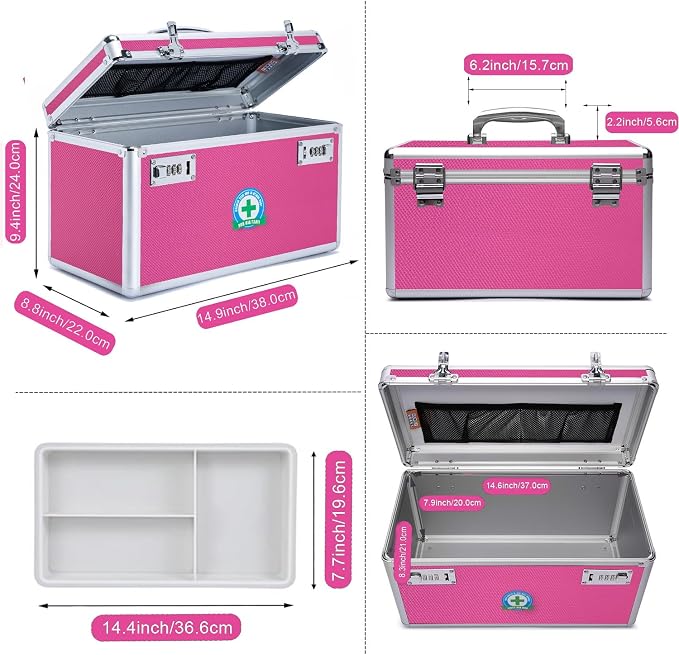 Locking Box with Portable Storage Case, 15''x 8.7''x 9.3''，Childproof Medication Lock Organizer, Lockbox for Documents，Medicine & Valuables (PINK)
