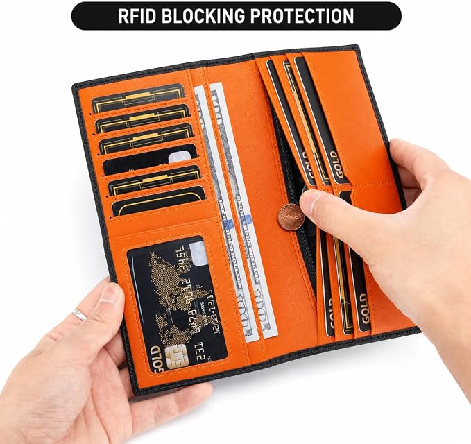 BISON DENIM Long Wallet for Men, RFID Leather Bifold, 12 Card Slots, Orange | mens long bifold wallet checkbook billfold credit card holder id window zipper coin pocket slim cowhide purse organizer