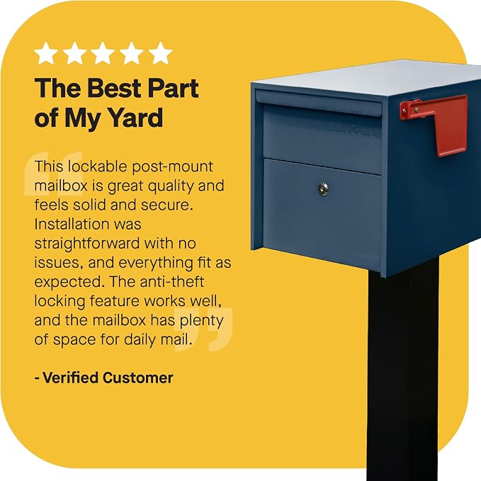 Adoorn Lockable Post Mount Mailboxes for Outside - Small Anti-Theft Locking Mailbox for Packages and Letters - Weatherproof Construction - Durable Steel - 12" H x 12" W x 18.5" D - Navy