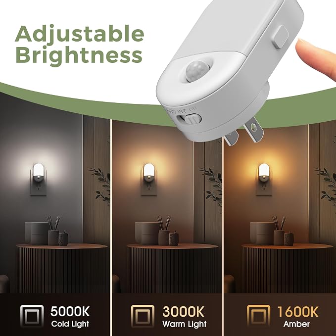 L LOHAS LED Motion Sensor Night Light, Motion Sensor Light Indoor, 3CCT | Yellow Light,Bright Night Lights Plug into Wall Motion Sensor, Amber/3000K/5000K, 30/60LM, Kids Adults Bathroom Bedroom,2Pack