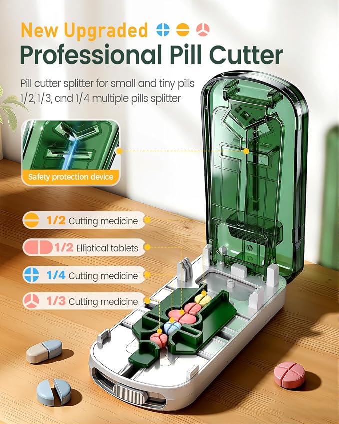 Professional Pill Cutter for Small Pills, 3-in-1 Pill Cutter Splitter for Small or Large Pills-Safely Cuts 1/2, 1/3, and 1/4 Multiple Pills Splitter, Adjustable Pill Cutter (Green White)