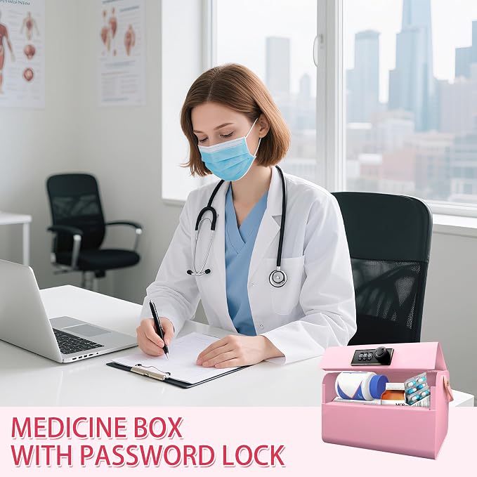 Medicine Lock Box with Code, Portable Medication Storage Box with Handle, Safety Medicine Case, First Aid Storage Organizer for Dorm Room, Home, Office (Pink)