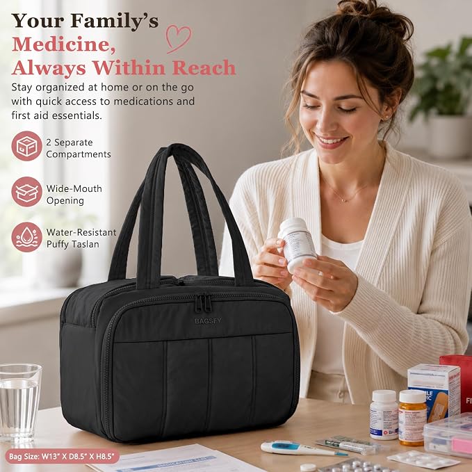 Travel Medicine Storage Bag with 2 Compartments, Wide-Mouth Medical Organizer, Puffy Lightweight First Aid Bag for Prescription Bottles, Pill Cases, Medical Supplies & Family Emergency Essentials