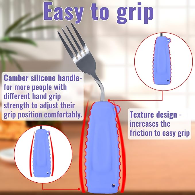 Adaptive Utensils,Curved Angled Spoon and Fork Set,for Tremors Parkinsons Limited or Elderly,Lightweight Cutlery with Non-Slip Easy Grip Handles
