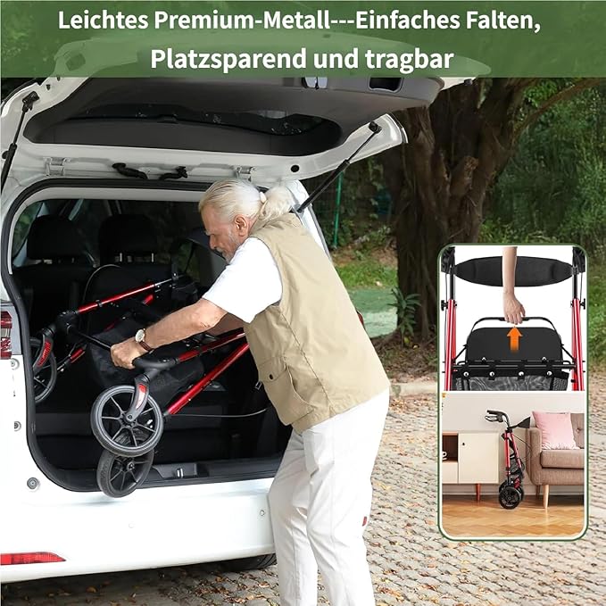 WALK MATE Walkers for Seniors, 4 x10 Inch Big Wheels Rollator Walker with Seat 350lb Weight Capacity Foldable All Terrain Rolling Walker, Lightweight Mobility Aid with Adjustable Height, Red