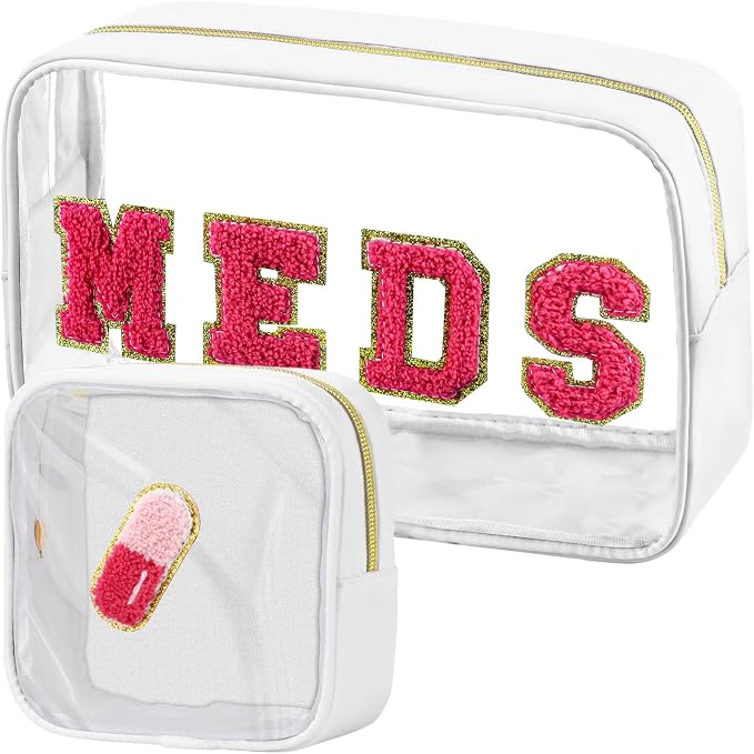 BuyCard 2 Pcs Medicine Chenille Letter Bag Preppy Clear Makeup Meds Bag for Travel Nylon & PVC Transparent Cosmetic Bag Preppy Patch Toiletry Storage for Women Girls White