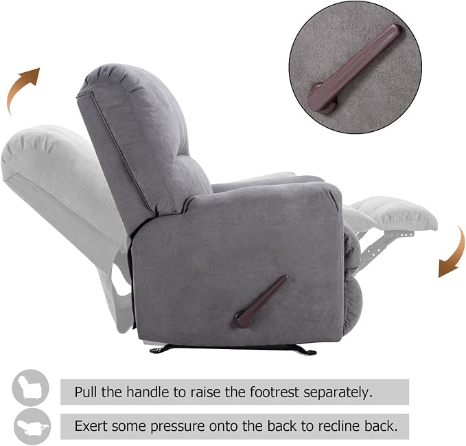 Rocker Recliner Chair for Adults,Manual Recliner Chair with Overstuffed Backrest and Armrests, Soft Fabric Manual Rocking Reclining Sofa for Living Room,Grey