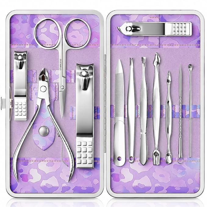 Manicure Set, Stainless Steel Nail Clipper Set with Travel Case | 12-Piece Set with Thicker Steel, Precision-ground Cutting Edges, and Smooth-finished Tools for Clean, Precise Trimming.