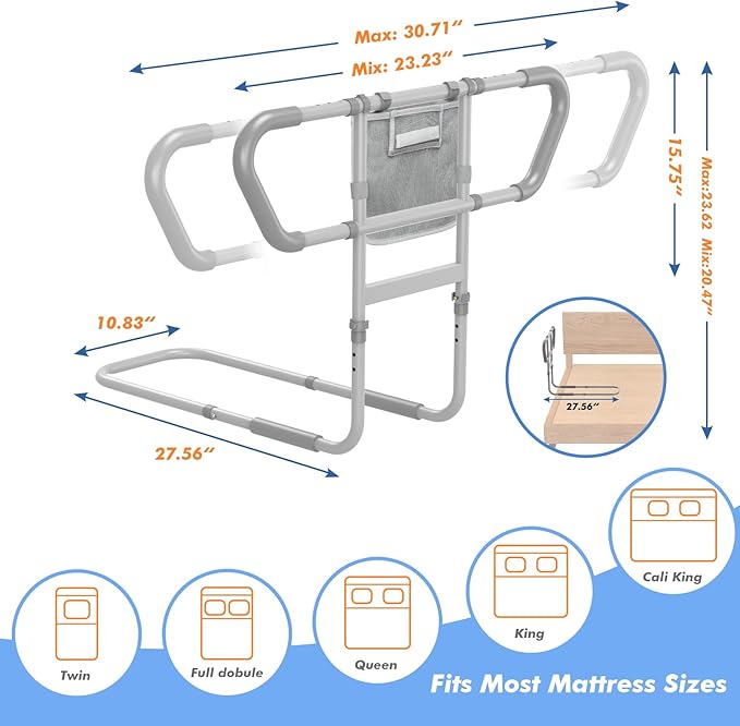 Bed Rail for Elderly Adults Safety – Bed Rails for Seniors Safety, Adjustable Bedside Assist Rail with Storage Pocket, Non-Slip Handle, Motion Sensor Night Light, Heavy-Duty 400LB Support