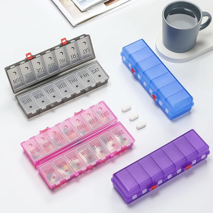 Foldable Pill Organizer 2 Times a Day w/Etched Labels -Dual Protection & Portable Weekly AM PM Pill Box, 7 Day Medicine Container, Large Travel Pill Case for Daily Supplement Vitamin -Clear Black