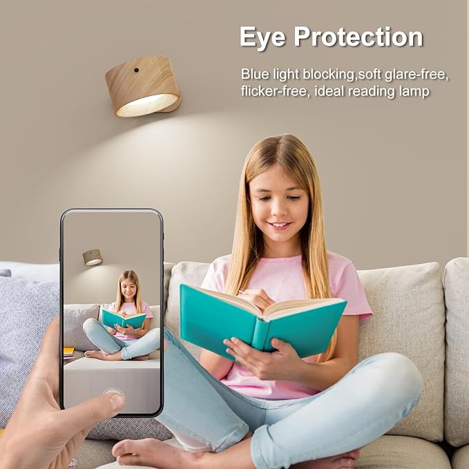 3PACK Romote LED Wall Sconce - Rechargeable Wall Light, 3 Colors & 3 Brightness Levels, 360° Magnetic Rotating Head, Bedside Reading Lamp, Easy Install Battery Operated Lamp Wood