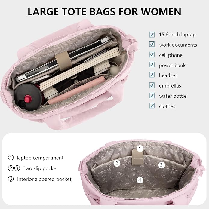 Puffer Tote Bag for Women Quilted Nurse Bag Lightweight Work Bag for Teacher Travel Handbag with Multiple Pockets