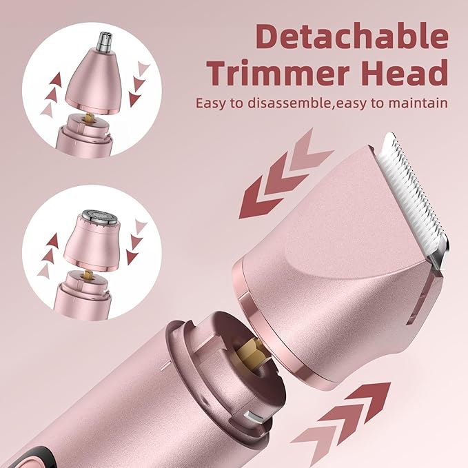 Bikini Trimmer for Women, Painless Lady Shavers with Facial Hair Removal and Nose Hair Trimmer for Leg, Nose,Body and Armpit (Rose Gold)