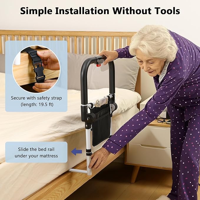 Bed Rails for Elderly Adults Safety with Foldable Non-Slip Handle, Adjustable Bed Assist Rails for Seniors, Handicap, Disable, Bed Assist Handle with Motion Light, Storage Pocket, White/Black