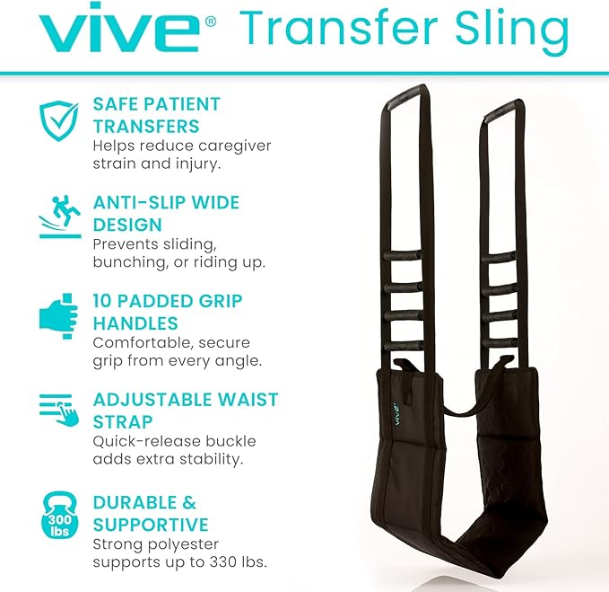 Vive Transfer Sling - Padded Assist Gait Belt - Heavy Duty Patient Lift with Straps - Mobility Standing and Lifting Aid for Disabled, Elderly, Seniors, Injured - Safely Move from Bed and Wheelchair