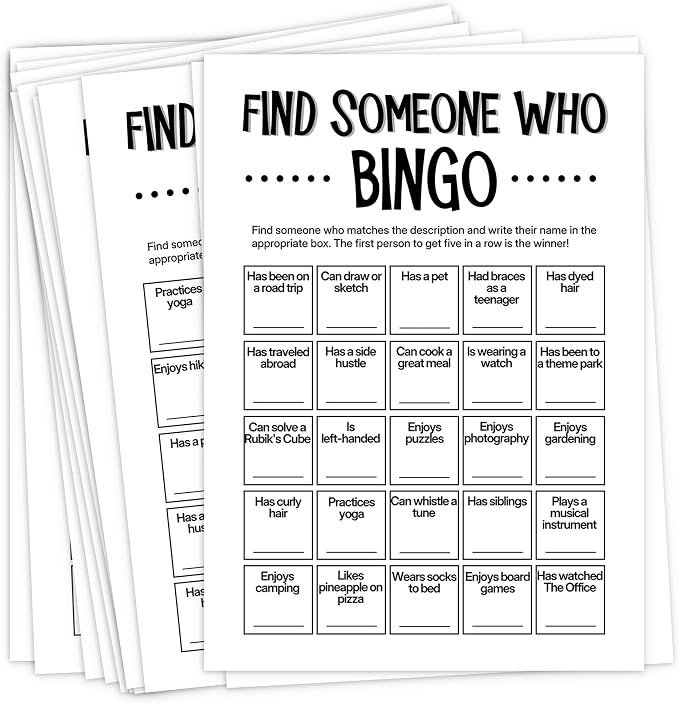 Team Building Games for Work Adults – Find Someone Who Bingo Game, 25 Unique Human Bingo Cards 5x7 Inch, Ice Breaker & Office Games for Parties, Meetings & Events - A01