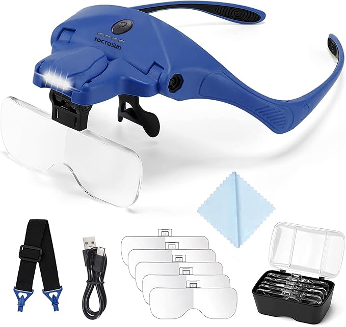 YOCTOSUN Magnifying Glasses with Light, Hands Free Headband Magnifier with 4 LED Lights and 5 Detachable Lenses 1X to 3.5X,Rechargeable Head Magnifier Glasses for Crafts, Hobby, Close Work