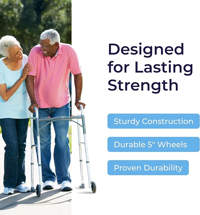 Drive Medical Two-Button Folding Walker with Wheels, Height Adjustable | Two-Button Rolling Walker Features Dual Push-Button Operation, Adjustable Height and Durable Aluminum Frame