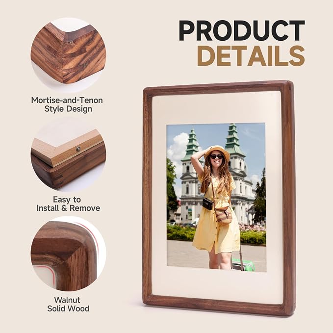 Solid American Black Walnut Picture Frame 5x7 4x6, Natural Wood Tabletop Photo Frame with Decorative Joinery Corners, Horizontal or Vertical Display (Walnut, For 5x7 / 4x6 Photo)