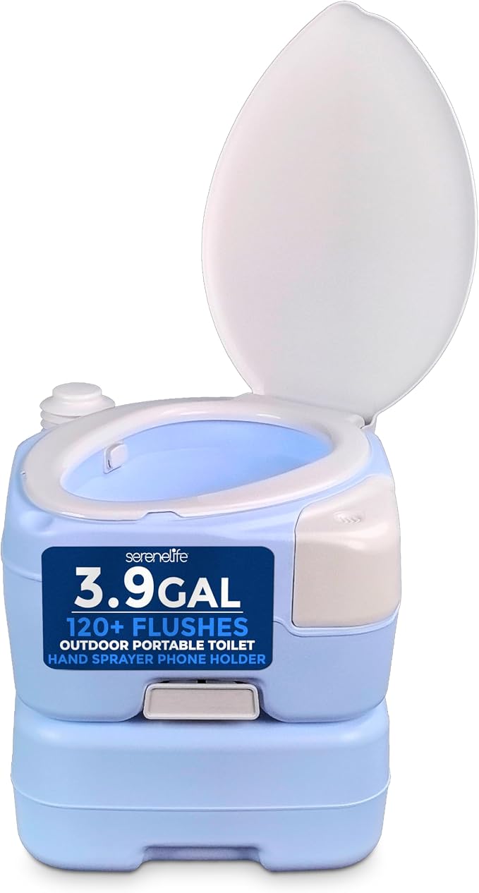 SereneLife 4 Gal Portable Camping Toilet For Adults, 100+ Flushes, Porta Potty Camp Toilet with Phone Holder, Hand Sprayer, Plastic Funnel for Camping, Hiking, and Boating