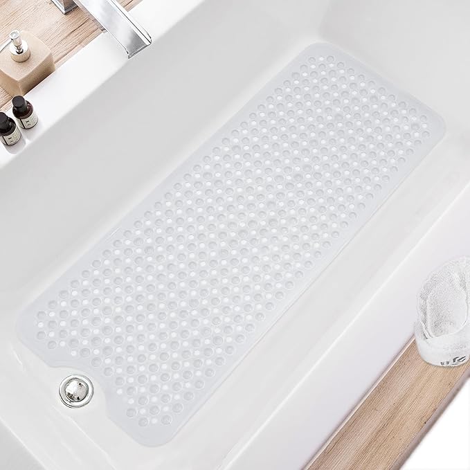 Bath Tub and Shower Mats, Non Slip 40 x 16 Inch Extra Long Bathtub Mat, Machine Washable Bathmat with Drain Holes, Suction Cups for Bathroom Floor, Clear