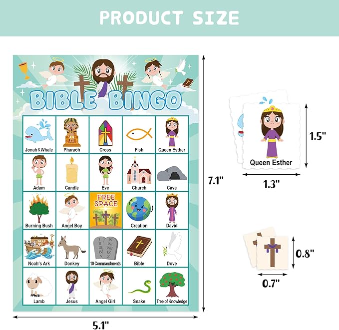 WorldBazaar Bible Bingo Game for Kids 24 Players Jesus Christian Bingo Game Cards Vacation Bible Sunday School Church Family Open Day Classroom Supplies