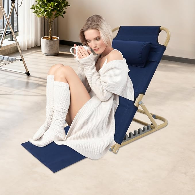PERFERATE Bed Backrest Support Portable Bed Chair 7 Gears Adjustable Lifting Beds Backrest Folding Reading Chair with Pillow for Elderly Back Neck Lumbar Support, Beach Comfy Travel (Deep Blue)