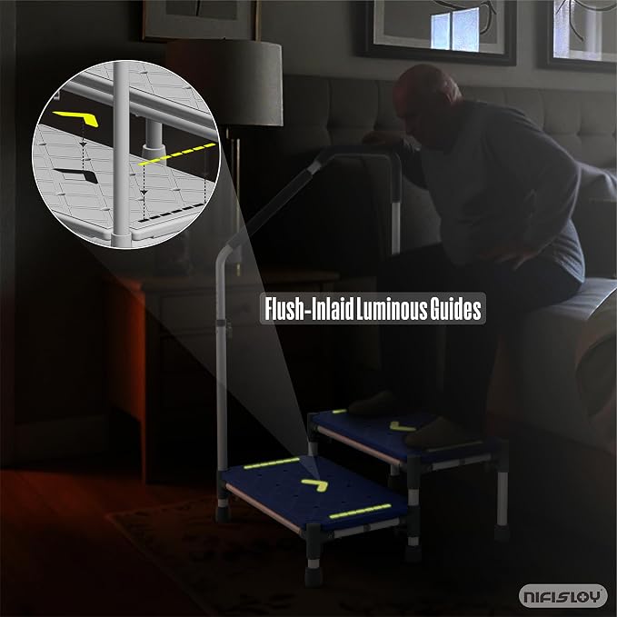 Extra Long Step Stool with Handle for Elderly(22 Inch), Heavy Duty 2 Stepping Stool with Adjustable Handrails for High Beds, Non-Skid Platform Foot Stool for Adults, Seniors, Handicapped (White)