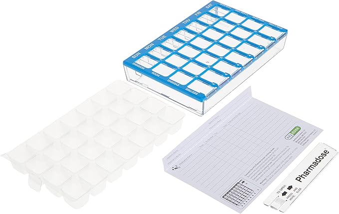 Ezy Dose Weekly (7-Day) Pill Case, Medicine Planner, Vitamin Organizer Box, Small Compartments with Easy Fill Tray, 4 Times a Day, Clear Lids, Color May Vary, BPA Free