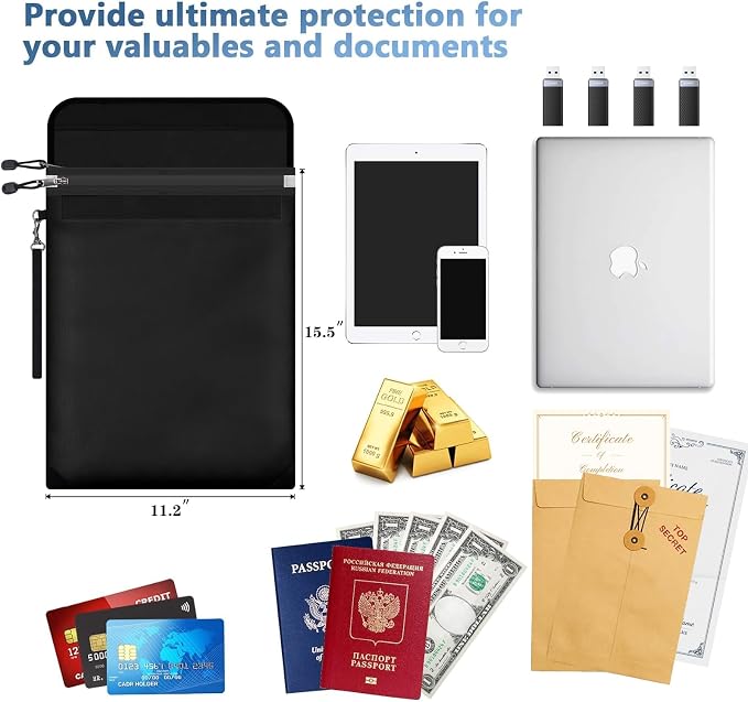 Fireproof Document Bag 15.5"x11.2", Dual Zipper Pockets, Waterproof Fire Resistant Safe for Legal & A4 Size Papers, Important Document & Money Organizer for Home Office & Travel