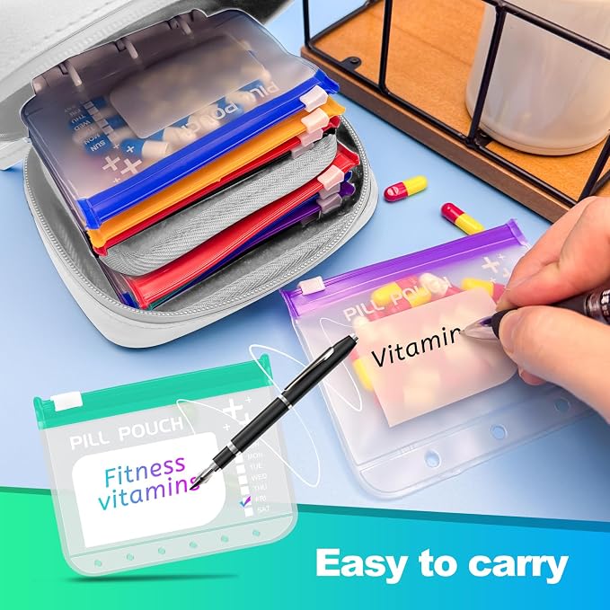A8 Waterproof Pill Organizer Set, Twice-Daily Large Pill Organizer for Seven Days, Pill Storage with 14 Color-Coded Pouches, Reusable Travel Medicine Organizer