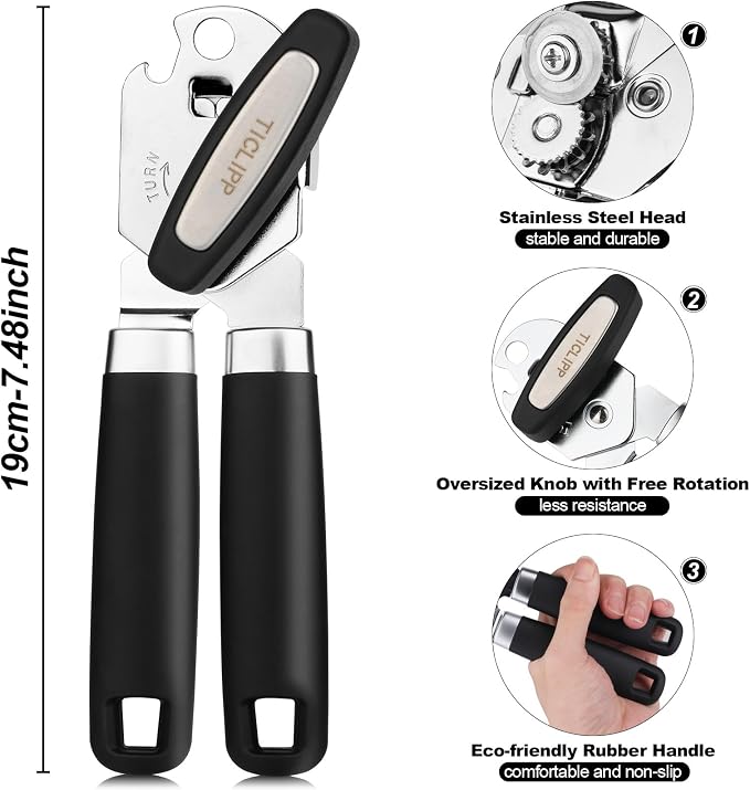 Stainless Steel Manual Rotary Opener, Heavy Duty Ergonomic Arthritis Friendly Handheld Mechanic Tool for Seniors & Arthritic Hands, Black