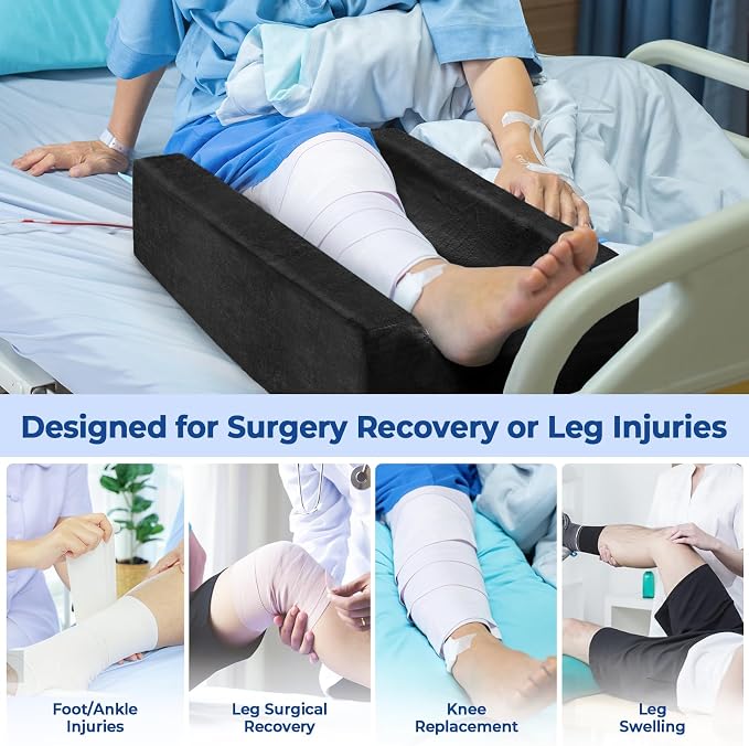 KingPavonini 4-Height Adjustable Leg Elevation Pillows for After Surgery with Ergonomic Curve, Memory Foam Wedge Pillow for Legs Swelling, Blood Circulation and Pain Relief, Black (Single Leg)