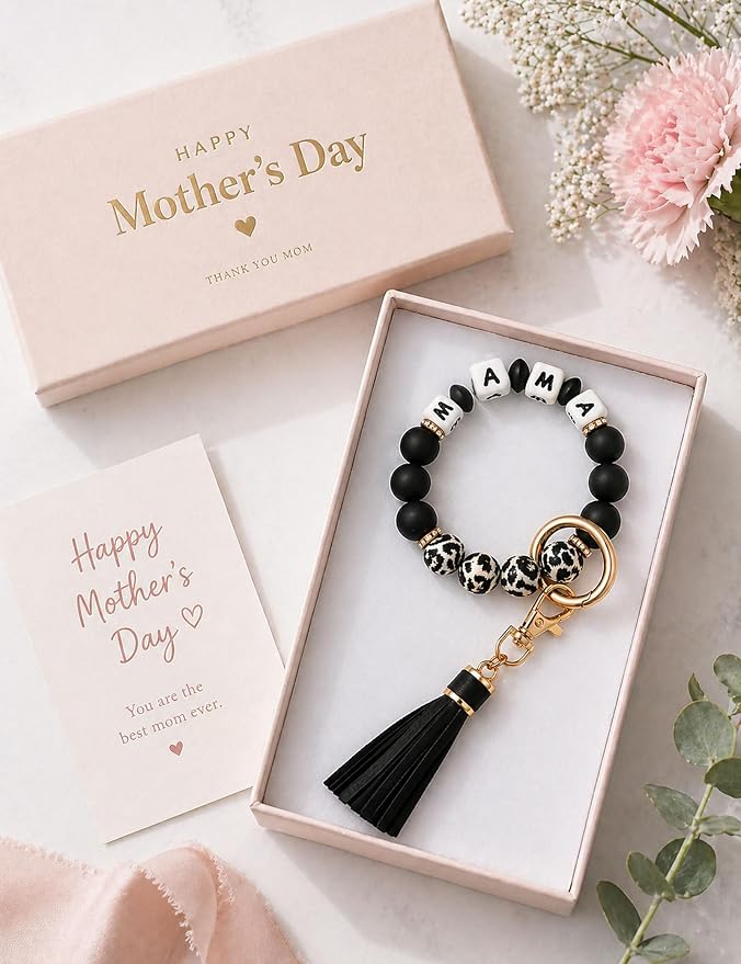 BAOSIWA Silicone Beaded Bracelet Keychain Wristlet Key Ring Bangle Chains for Women with Leather Tassel