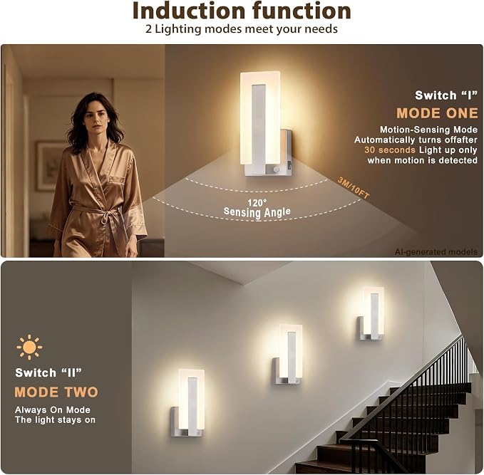 Joosenhouse Modern Wall Sconces Set of Two, with Motion Sensor, Dimmable Hardwired Wall Lights, Nickel-Finish Indoor Wall Lights Suitable for Bedrooms, Living Rooms, and Hallways