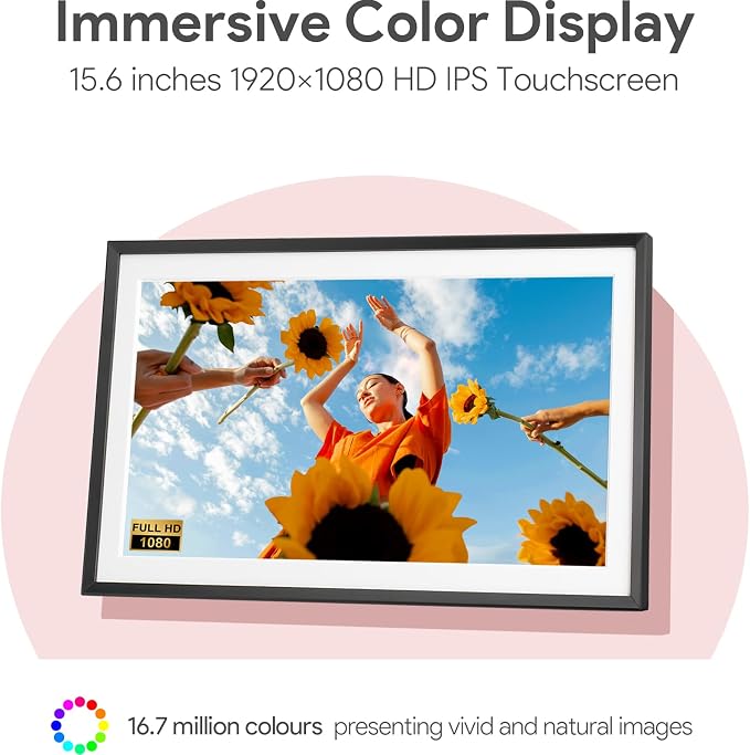 Euphro 15.6'' Digital Picture Frame with 1920x1080 IPS Touch Screen, Smart Digital Photo Frame with 32GB Storage, Easy Setup to Share Photos/Videos via Free App