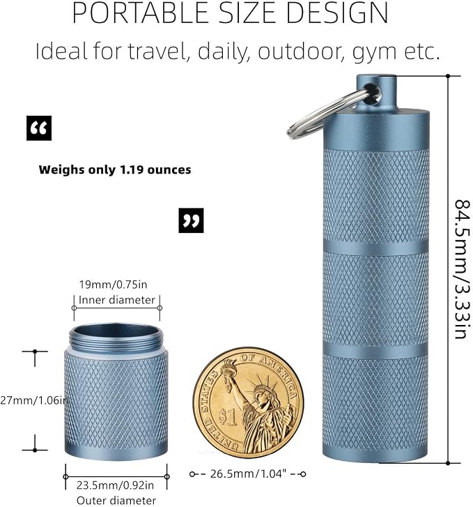Waterproof Keychain Pill Holder - 3-Compartment, Blue | Anodized aluminum with a keyring. 3 detachable layers. Pocket-sized, rustproof EDC pill container