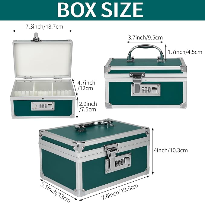 Medication Lock Box Aluminium Alloy Combination Lock for Home and Travel Medicine Lock Box,First Aid Safe Medication Storage Box,7.66''x 5.12''x 4.13'' (Green)