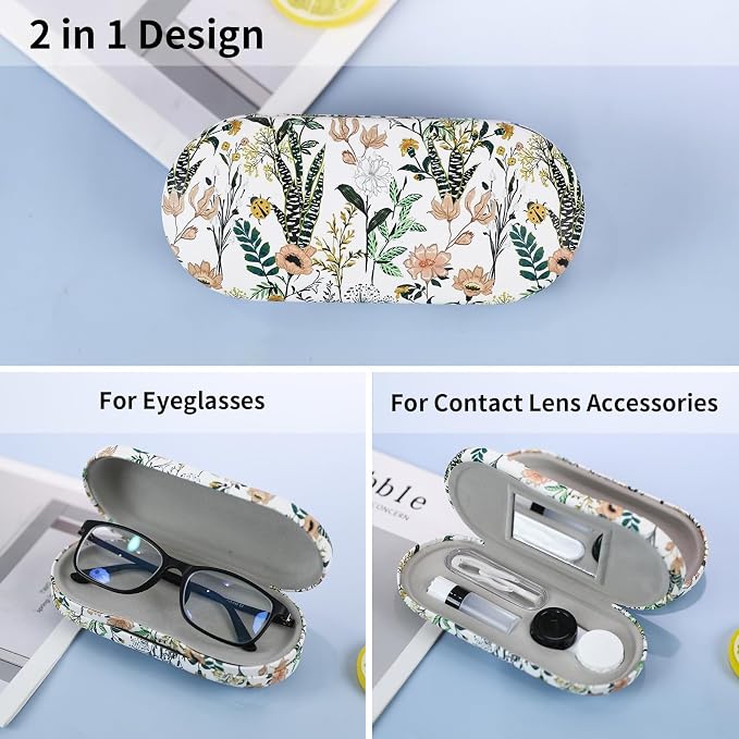 2 in 1 Contact Lens Case and Eyeglasses Case for Women Men Kids, Double Sided Hard Shell Portable Glasses Travel Holder with Built-in Mirror, Contact Lens Box (White Flower)
