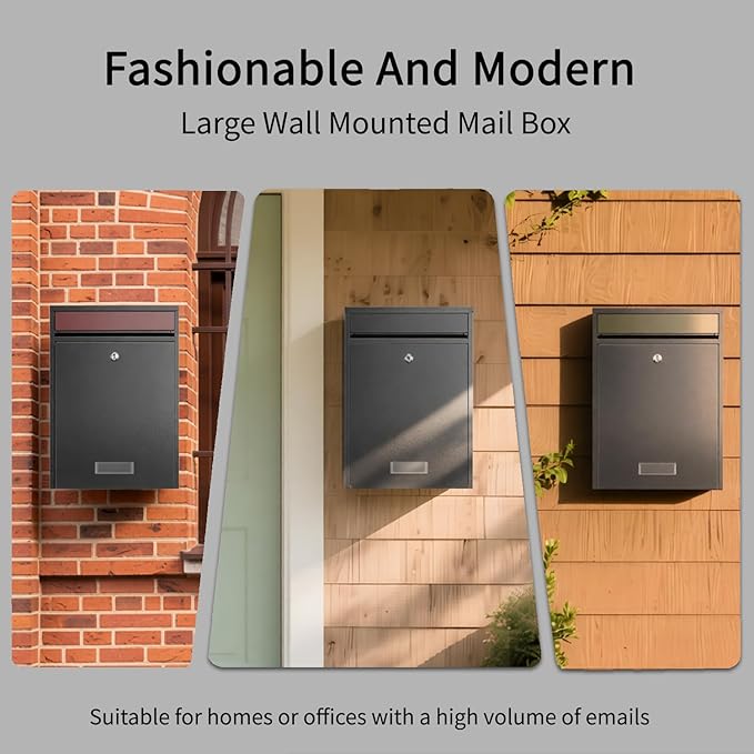 Wall Mounted Locking Mailbox for Outside, Heavy Duty Steel Black | Large capacity wall mounted mailbox, fits letters, magazines, parcels, waterproof design with secure lock
