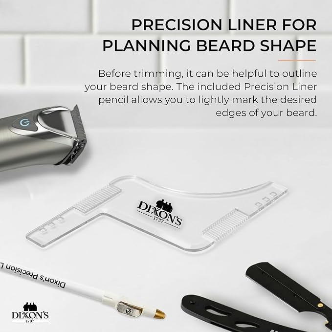 Dixon's 1737 Clear Line Pro Beard Shaper Tool for Men with Precision Liner Pencil, Transparent Beard Line Up Guide Template with Comb Edges Neckline and Cheek Line Trimming