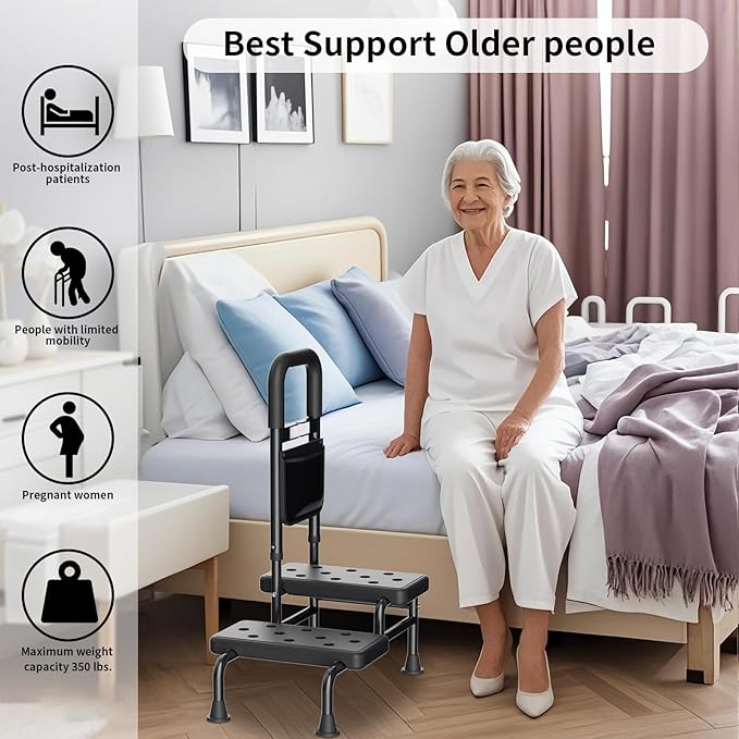 Step Stool with Handle for Adults- Step Stools for Seniors with Adjustable Handrail, Non-Skid Platform, Elderly, Foot Stool, Bed Steps for High Beds for Adults (2 Step Stool)