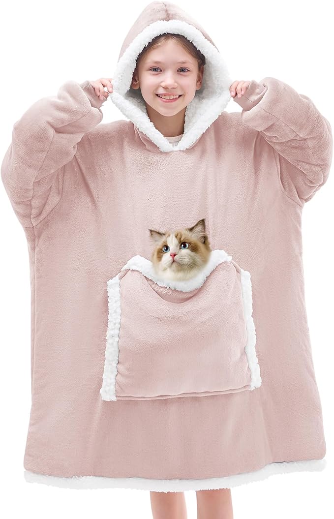 JOYWOO Pink Kids Wearable Blanket Hoodie,Oversized Cat lovers Hoodie Blanket for kids & Teens,Birthday Gifts for Girl Boys,Warm Cozy Fuzzy Sherpa Fleece Blanket with Giant Pocket Gifts,Dusty Pink