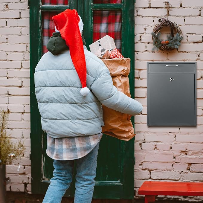 Yaocom Locking Mailbox with Key for Outdoor 18 x 15 x 7 Inches Large Wall Mount Mail Box with Lock Security Mail Drop Metal Collection Boxes Hanging Secure Postbox(Dark Gray)